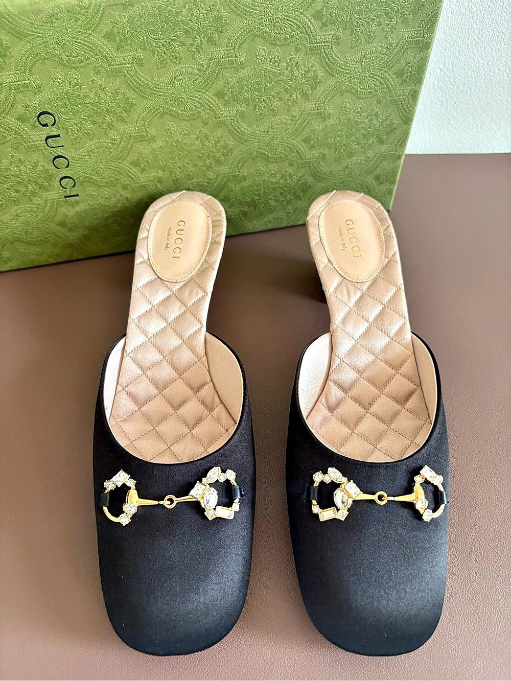 GUCCI Crystal Horsebit Mules Black Satin US 10